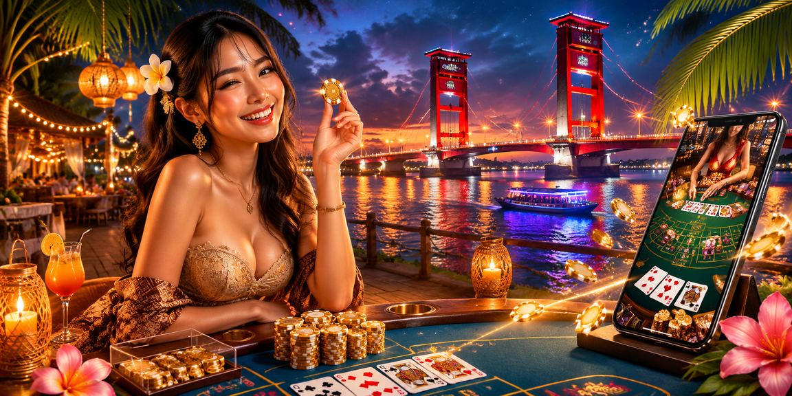 Meja baccarat mewah di pasar malam dengan cahaya gemerlap dan suasana kasino