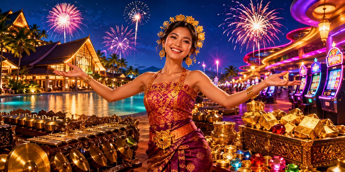 Tampilan layar jackpot progresif dengan efek neon berwarna-warni di malam hari