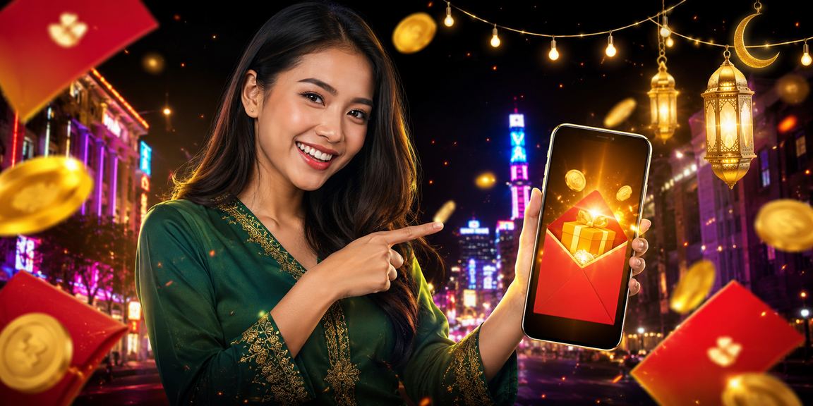Amplop merah bonus jackpot dengan latar neon yang meriah