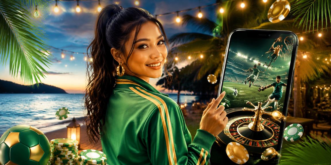 Pengguna mengakses layanan casino mobile di tepi pantai dengan suasana santai dan aman