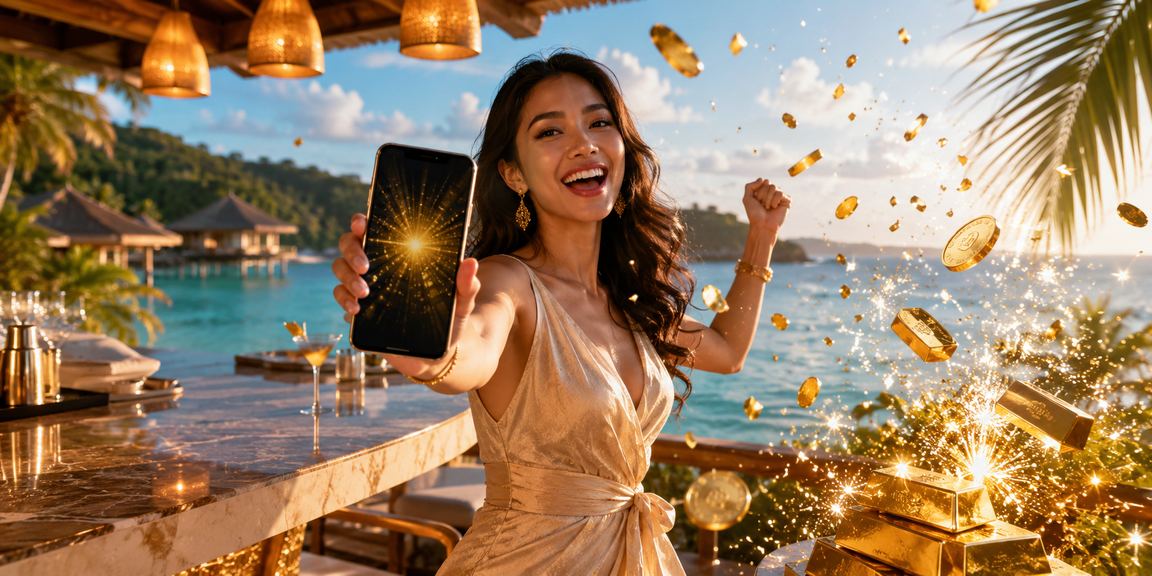 Pengguna mengakses mobile casino di tepi pantai dengan suasana tropis Indonesia