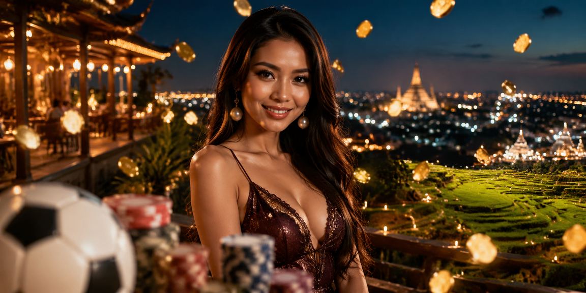 Suasana pasar malam Indonesia dengan layar taruhan olahraga yang ramai dan berwarna